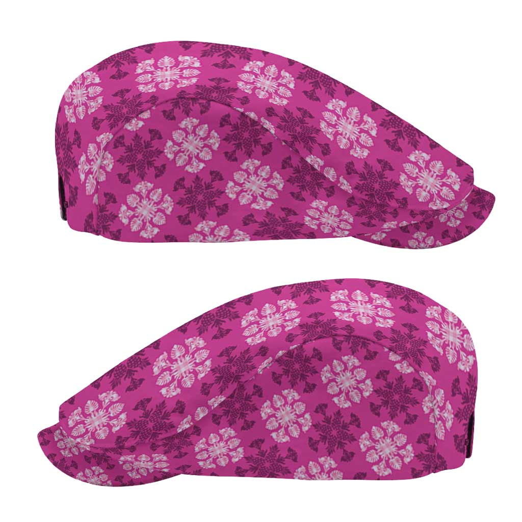 Pink Hawaiian Quilt Jeff Hat Hawaii Pineapple Monstera Palaka Motifs - Polynesian Pride