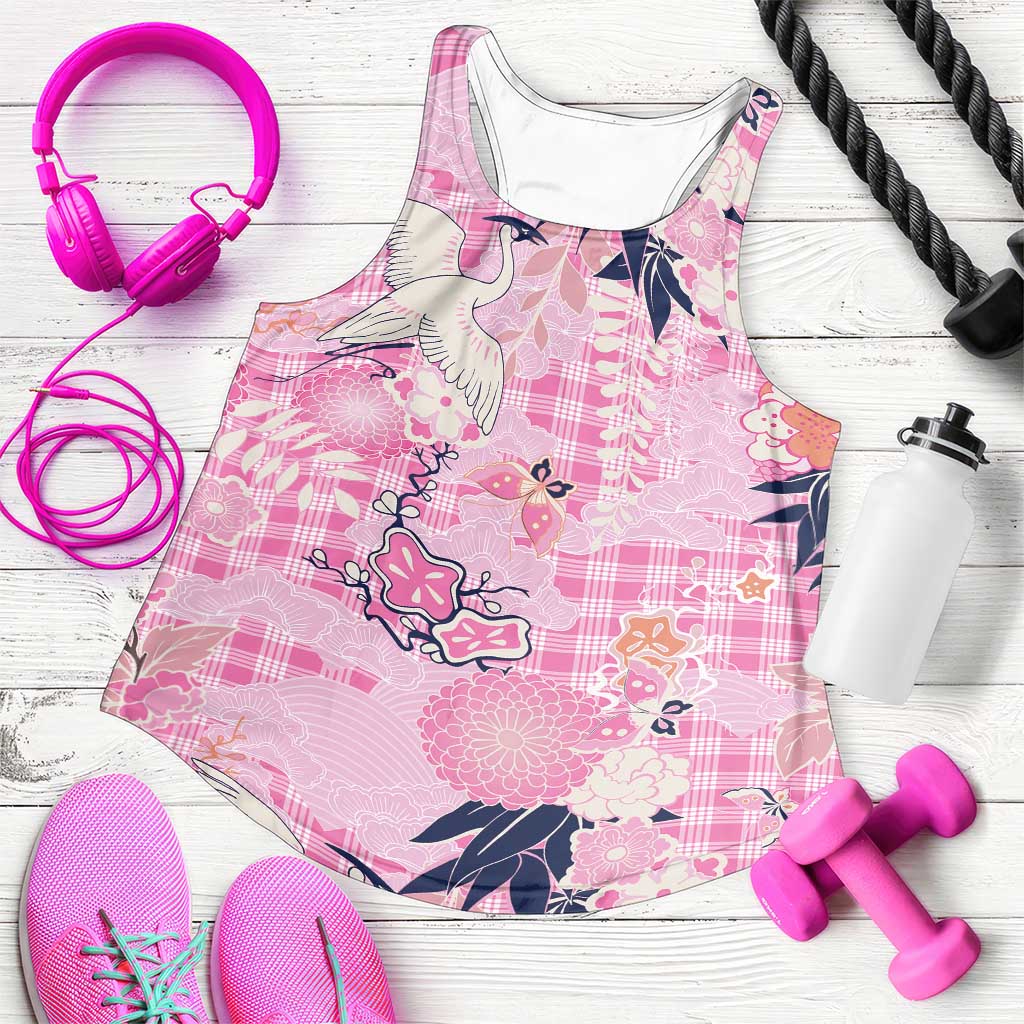 Pink Palaka Crane and Flowers Women Racerback Tank Japan Heritage Spirit LT9 Pink - Polynesian Pride