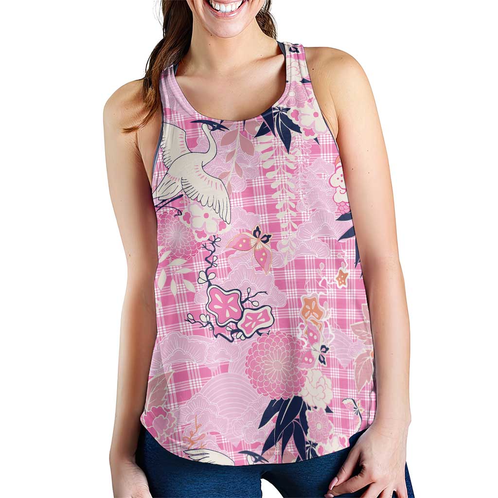 Pink Palaka Crane and Flowers Women Racerback Tank Japan Heritage Spirit LT9 - Polynesian Pride