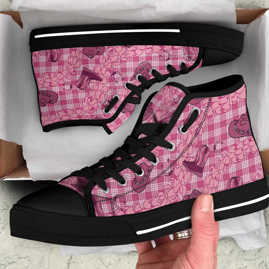 Pink Palaka Hawaii Cowboy High Top Shoes Puakenikeni Lei Paniolo Papale Seamless Vibes LT14 Pink - Polynesian Pride