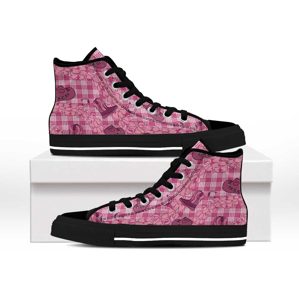 Pink Palaka Hawaii Cowboy High Top Shoes Puakenikeni Lei Paniolo Papale Seamless Vibes LT14 - Polynesian Pride