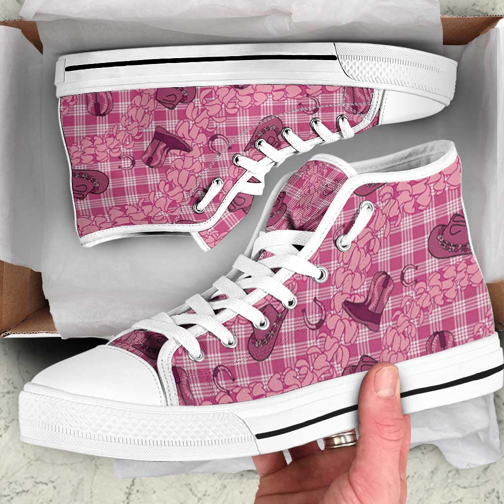 Pink Palaka Hawaii Cowboy High Top Shoes Puakenikeni Lei Paniolo Papale Seamless Vibes LT14 Pink - Polynesian Pride