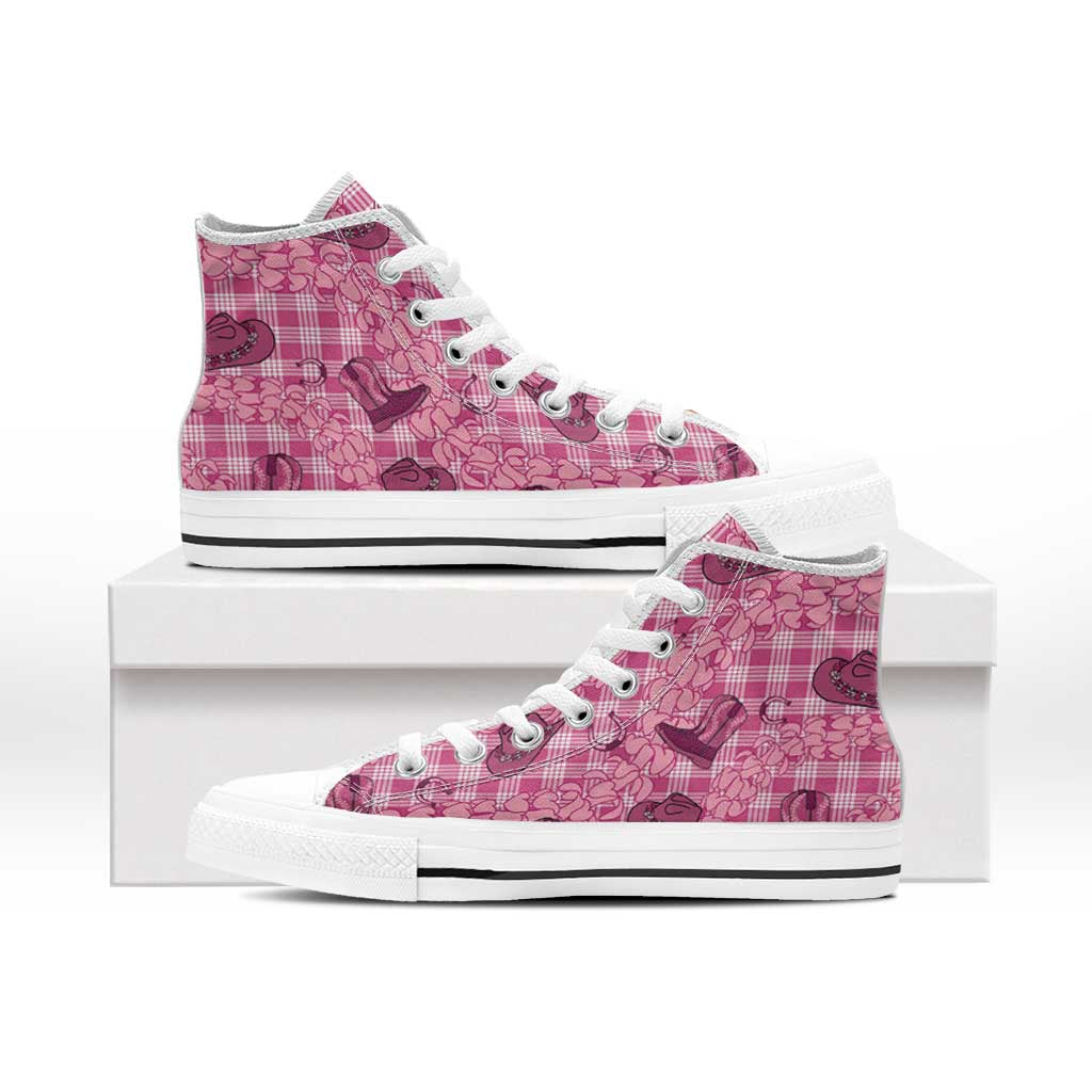 Pink Palaka Hawaii Cowboy High Top Shoes Puakenikeni Lei Paniolo Papale Seamless Vibes LT14 - Polynesian Pride