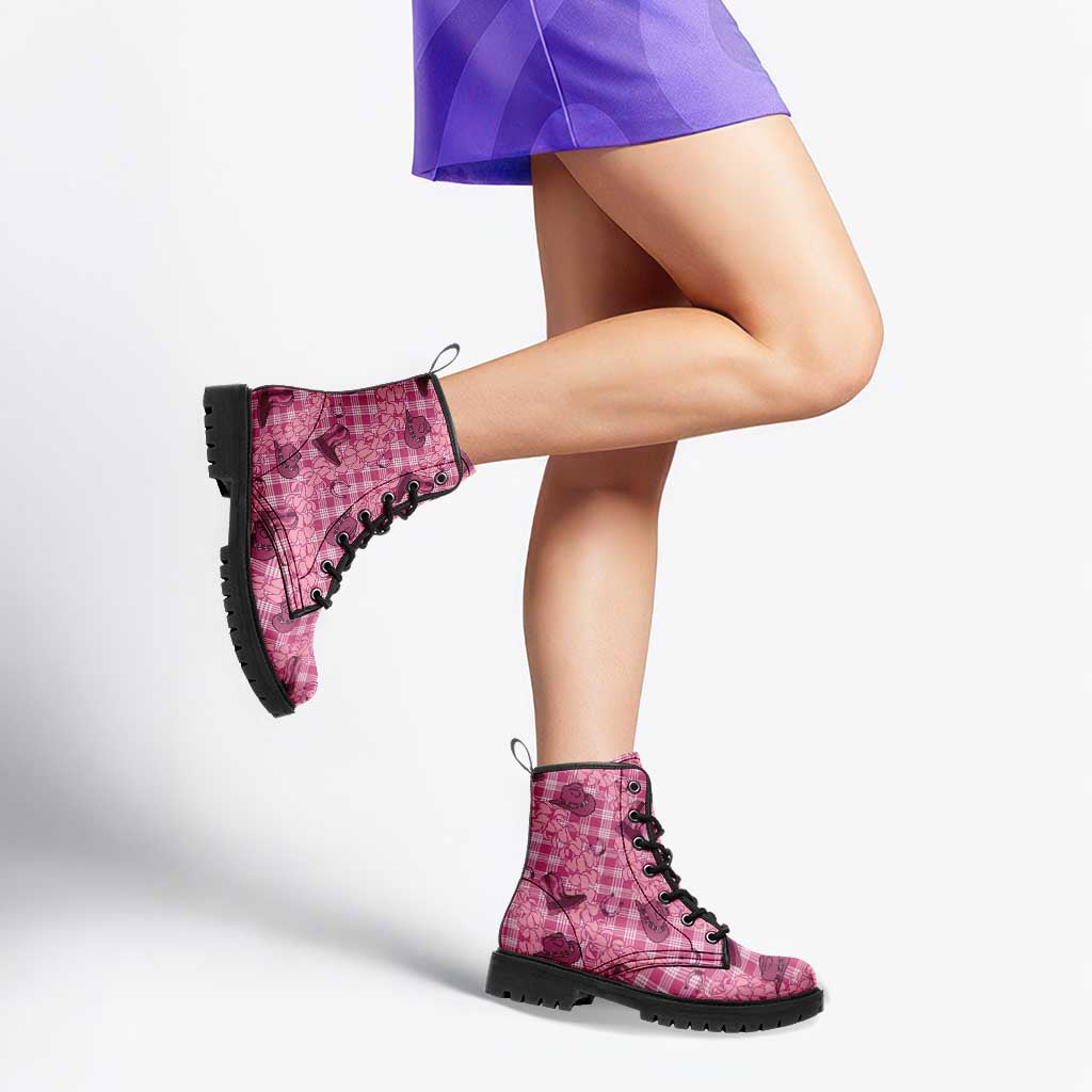 Pink Palaka Hawaii Cowboy Leather Boots Puakenikeni Lei Paniolo Papale Seamless Vibes - Polynesian Pride