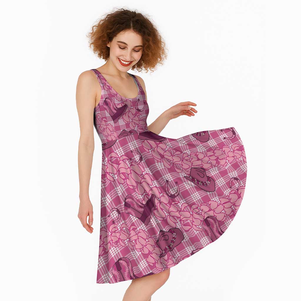 Pink Palaka Hawaii Cowboy Midi Dress Puakenikeni Lei Paniolo Papale Seamless Vibes LT14 - Polynesian Pride
