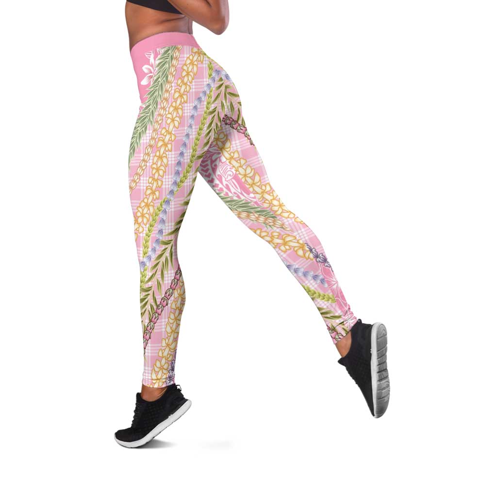 Pink Palaka Hawaii Leis Leggings Hawaiian-plaid Elegant Tropical Vibes - Polynesian Pride