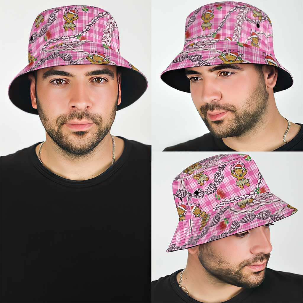 Pink Palaka Hawaii Mele Kalikimaka Bucket Hat Ohia Lehua Shell Leis Funny Gingerbread Santa - Polynesian Pride
