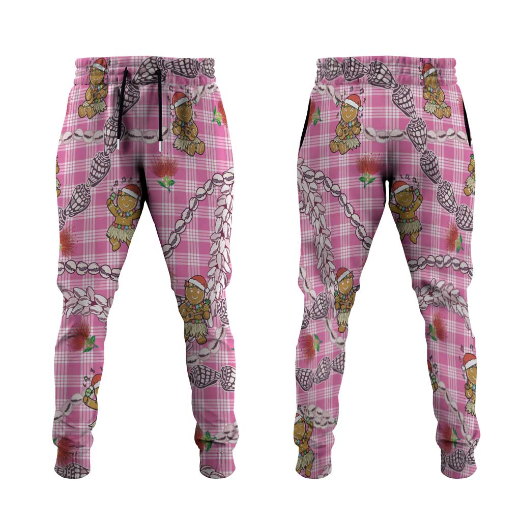 Pink Palaka Hawaii Mele Kalikimaka Jogger Pants Ohia Lehua Shell Leis Funny Gingerbread Santa - Polynesian Pride