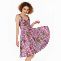 Pink Palaka Hawaii Mele Kalikimaka Midi Dress Ohia Lehua Shell Leis Funny Gingerbread Santa LT14 - Polynesian Pride
