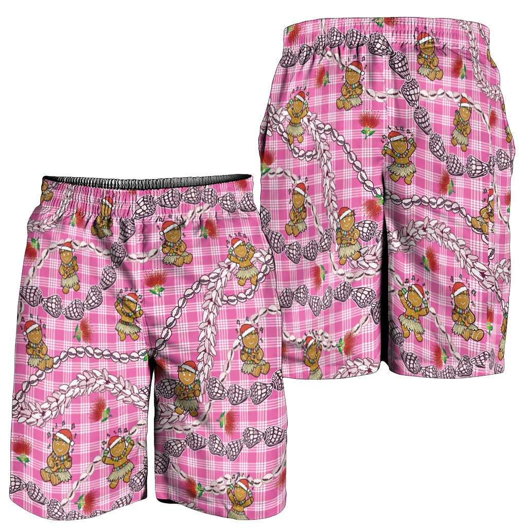 Pink Palaka Hawaii Mele Kalikimaka Shorts for Men Ohia Lehua Shell Leis Funny Gingerbread Santa LT14 - Polynesian Pride