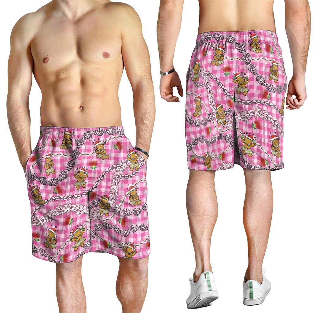 Pink Palaka Hawaii Mele Kalikimaka Shorts for Men Ohia Lehua Shell Leis Funny Gingerbread Santa LT14 - Polynesian Pride