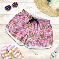 Pink Palaka Hawaii Mele Kalikimaka Shorts for Women Ohia Lehua Shell Leis Funny Gingerbread Santa LT14 Pink - Polynesian Pride