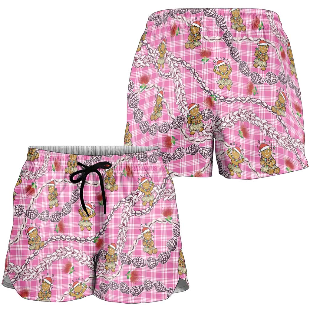 Pink Palaka Hawaii Mele Kalikimaka Shorts for Women Ohia Lehua Shell Leis Funny Gingerbread Santa LT14 - Polynesian Pride