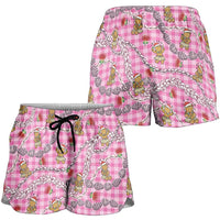 Pink Palaka Hawaii Mele Kalikimaka Shorts for Women Ohia Lehua Shell Leis Funny Gingerbread Santa LT14 - Polynesian Pride