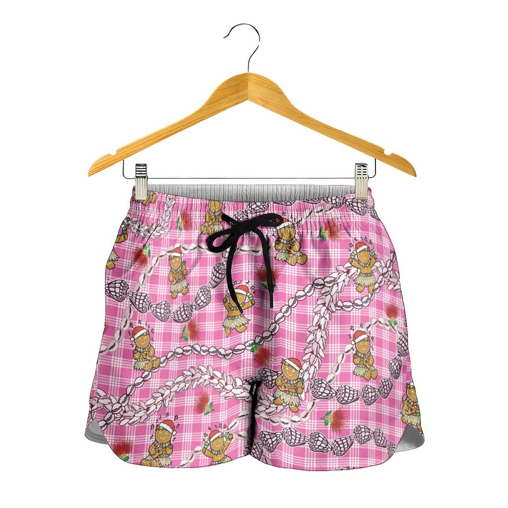 Pink Palaka Hawaii Mele Kalikimaka Shorts for Women Ohia Lehua Shell Leis Funny Gingerbread Santa LT14 - Polynesian Pride