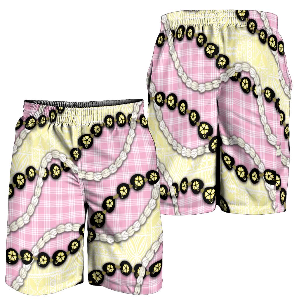 Pink Palaka Hawaii Shorts for Men Kukui Nut Pikake Lei Hawaiian Tapa Pattern - Polynesian Pride