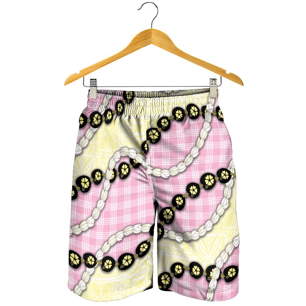 Pink Palaka Hawaii Shorts for Men Kukui Nut Pikake Lei Hawaiian Tapa Pattern - Polynesian Pride