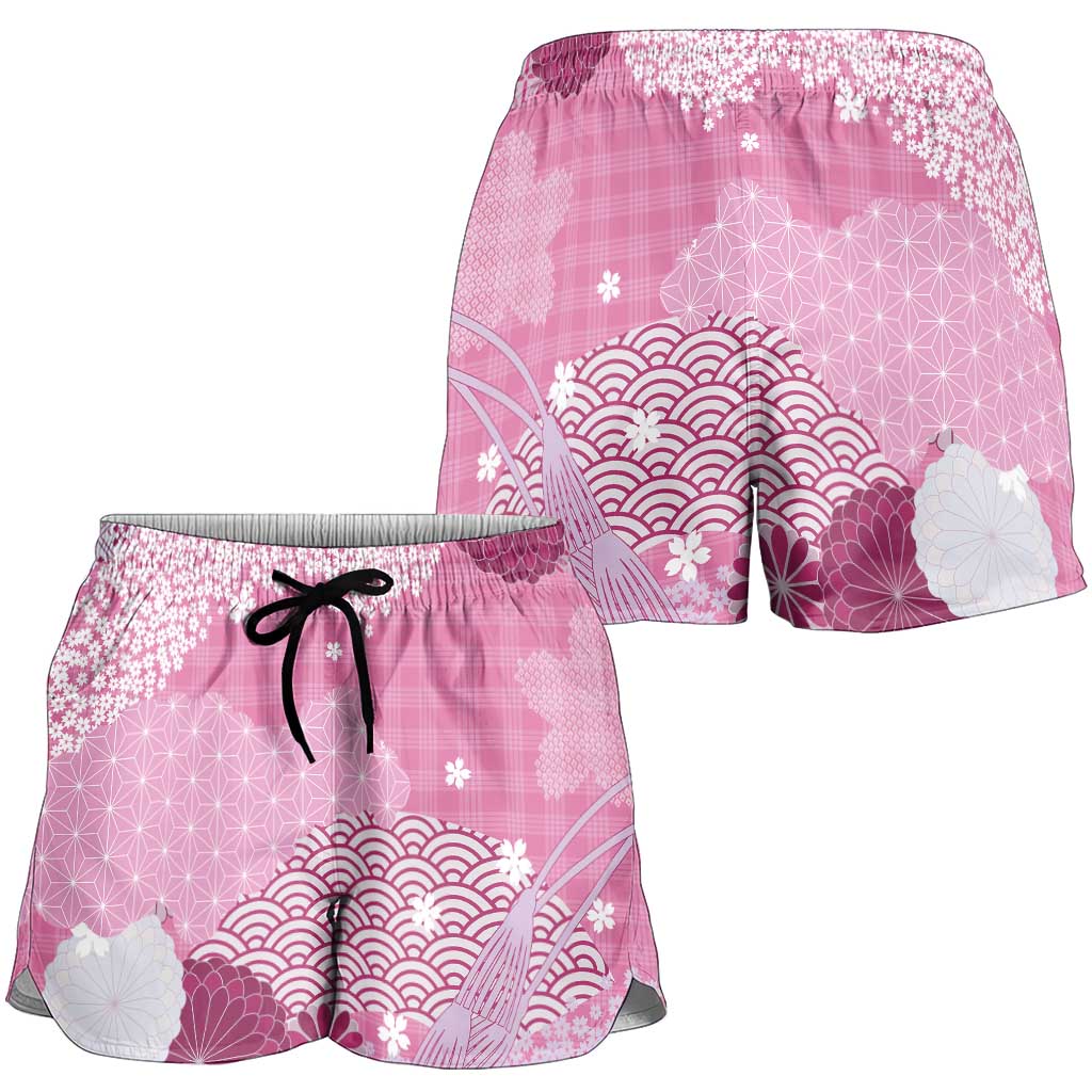 Pink Palaka Japanese Traditional Shorts for Women Asanoha Seigaiha Sakura Motif LT14 - Polynesian Pride