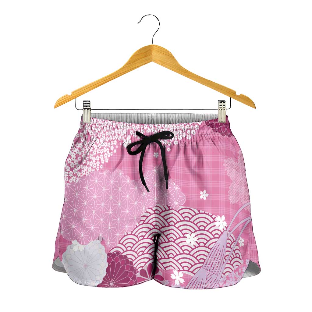 Pink Palaka Japanese Traditional Shorts for Women Asanoha Seigaiha Sakura Motif LT14 - Polynesian Pride