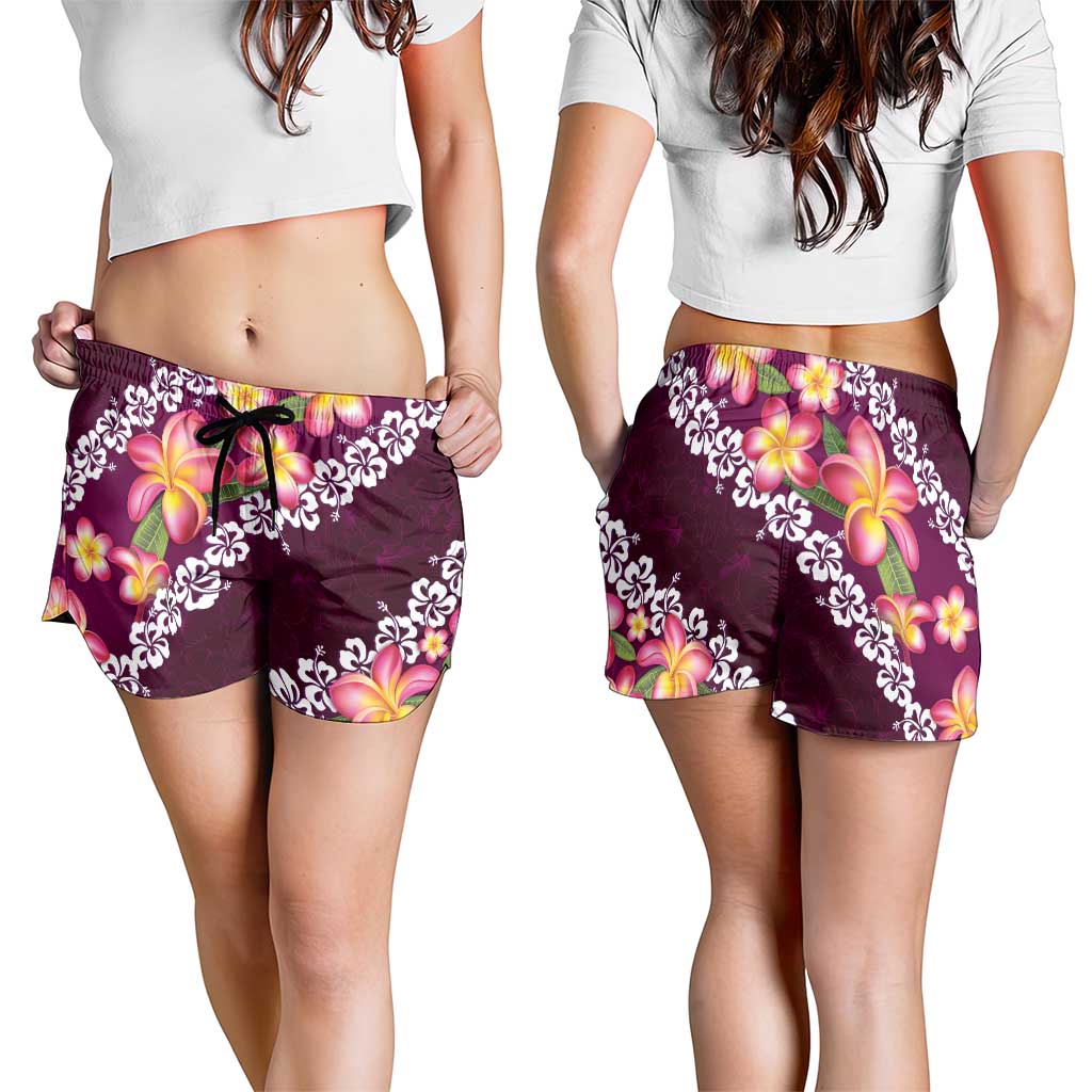 Pink Polynesia Shorts for Women Plumeria With Hibiscus Pattern Tropical Vibes LT14 - Polynesian Pride
