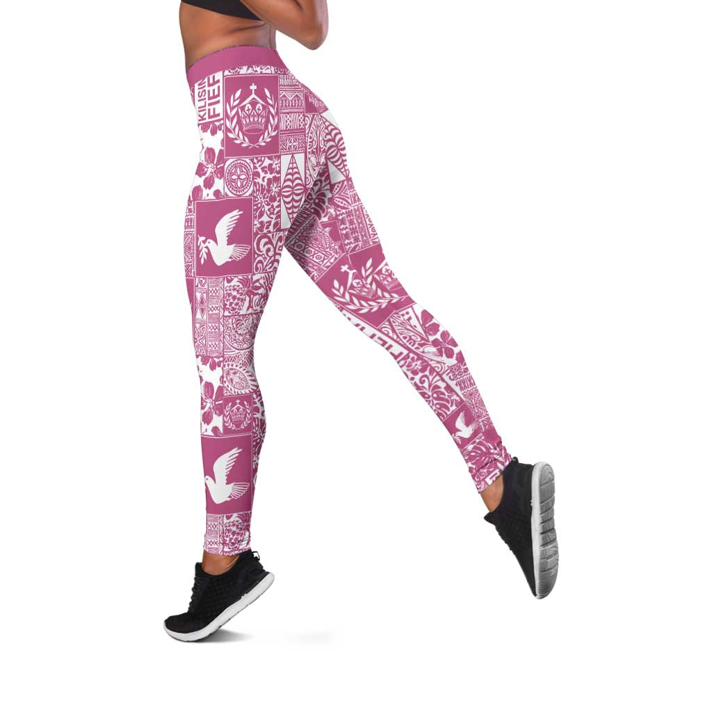 Pink Tonga Kilisimasi Fiefia Leggings Pacific Patchwork Xmas Vibes - Polynesian Pride
