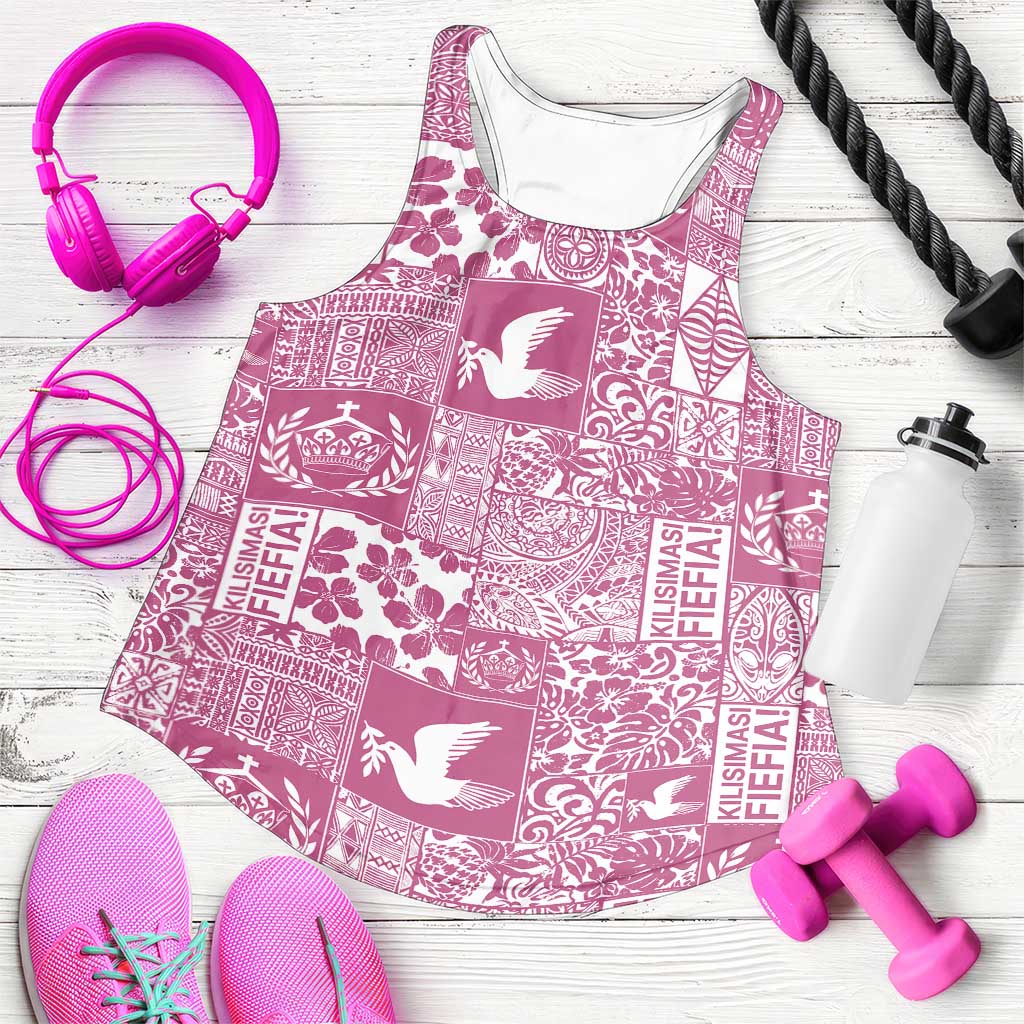 Pink Tonga Kilisimasi Fiefia Women Racerback Tank Pacific Patchwork Xmas Vibes - Polynesian Pride