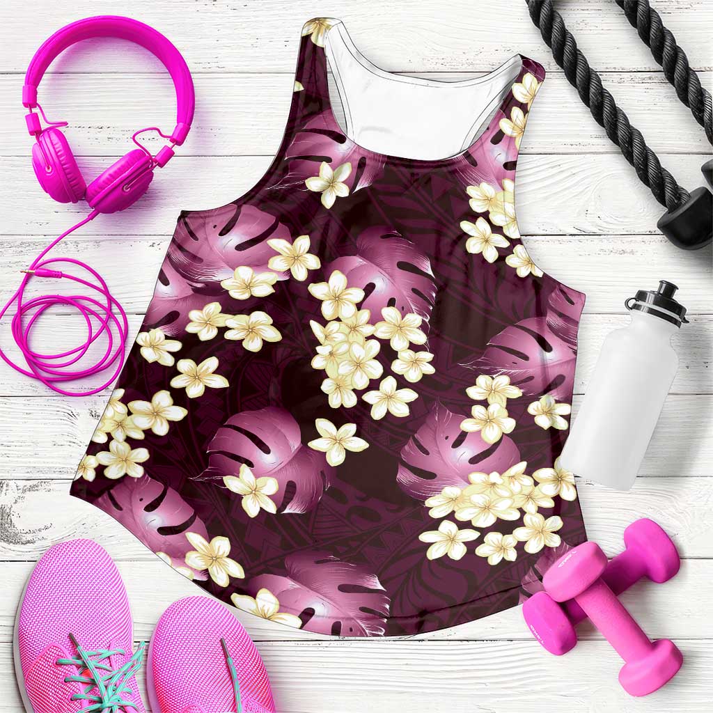 Pink Tropical Hawaii Women Racerback Tank Seamless Monstera Plumeria Hawaiian Pattern - Polynesian Pride