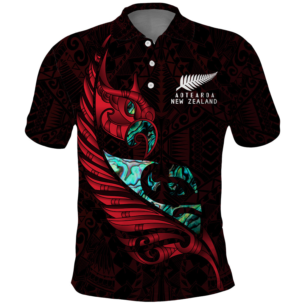 Polynesian Pride Apparel New Zealand Polo Shirt Manaia Paua Fern Wing Red Unisex Red - Polynesian Pride