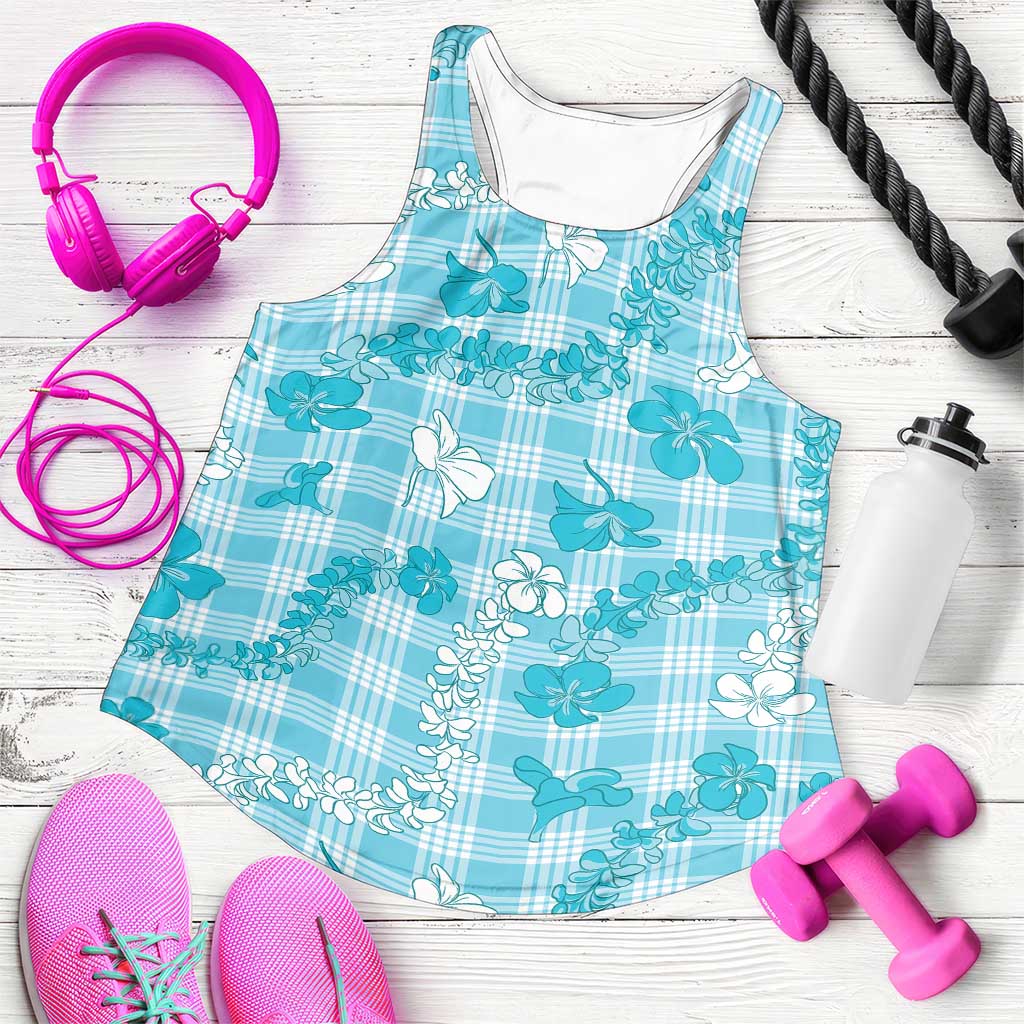 Polu Aloha Hawaii Women Racerback Tank Plumeria Lei With Palaka Motif LT14 Blue - Polynesian Pride