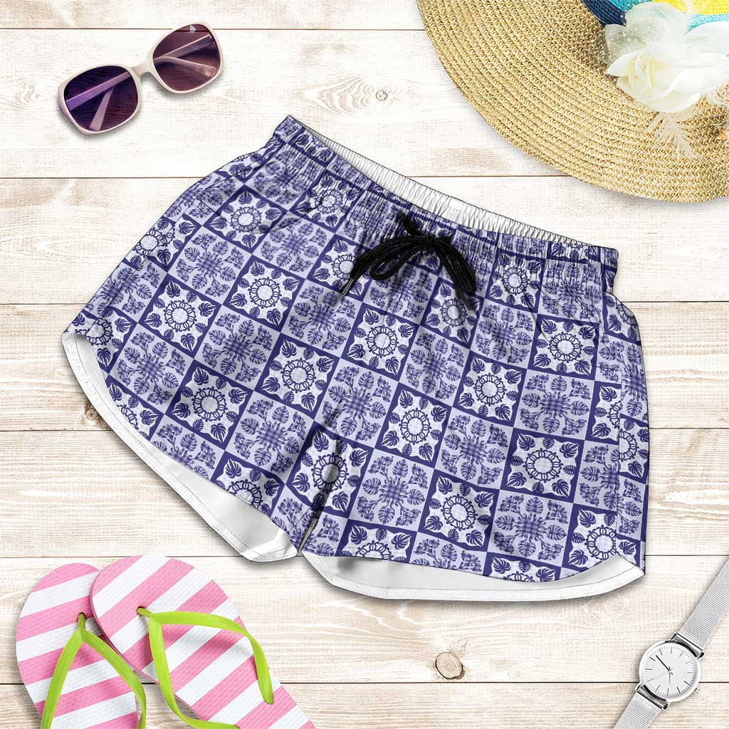 Polu Palaka Quilt Hawaii Shorts for Women Hawaiian Tropical Monstera Sea Turtle LT14 Blue - Polynesian Pride