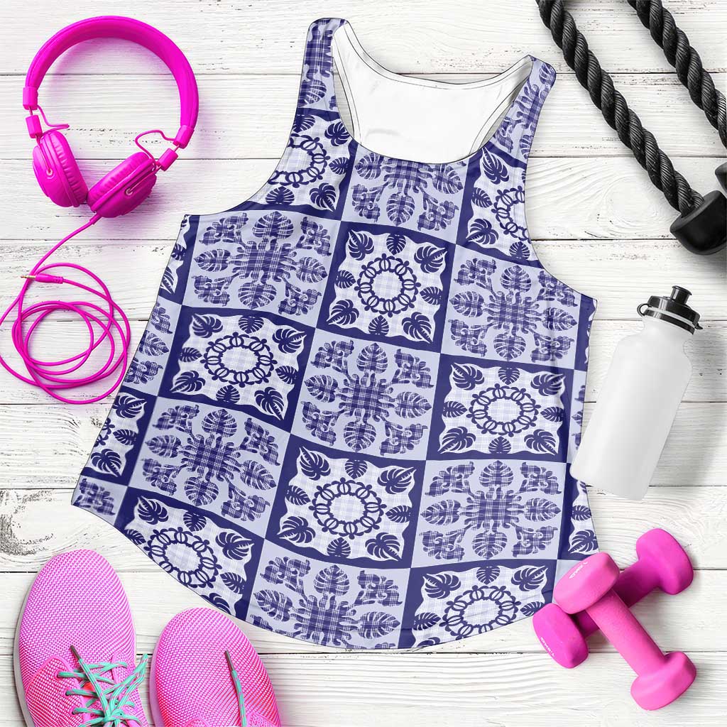 Polu Palaka Quilt Hawaii Women Racerback Tank Hawaiian Tropical Monstera Sea Turtle LT14 Blue - Polynesian Pride