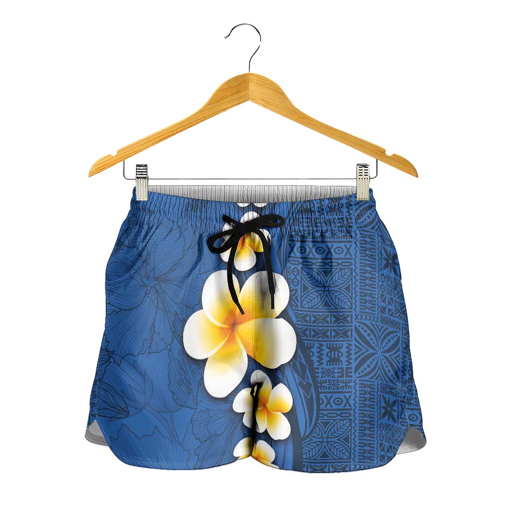Polynesian Hibiscus and Plumeria Tapa Pattern Shorts for Women Blue Color - Polynesian Pride
