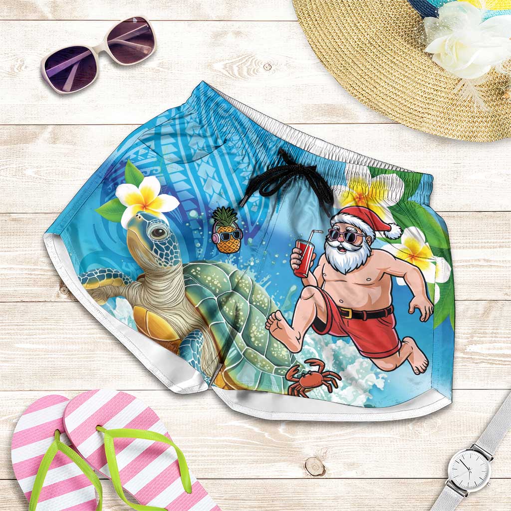 Polynesian Merry Christmas Shorts for Women Funny Santa with Sea Turtle on Beach and Plumeria LT03 Multicolor - Polynesian Pride