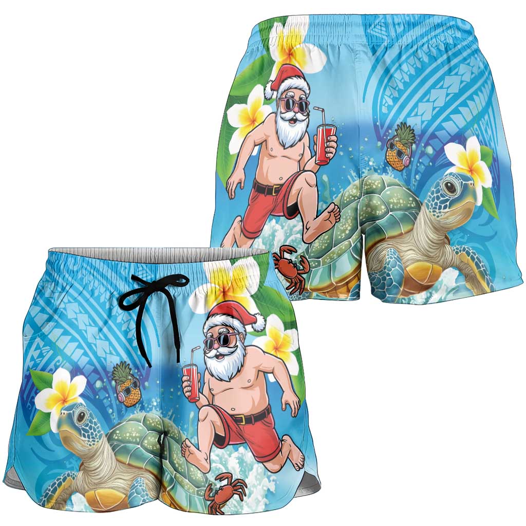 Polynesian Merry Christmas Shorts for Women Funny Santa with Sea Turtle on Beach and Plumeria LT03 - Polynesian Pride