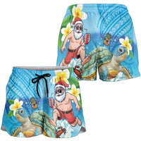 Polynesian Merry Christmas Shorts for Women Funny Santa with Sea Turtle on Beach and Plumeria LT03 - Polynesian Pride