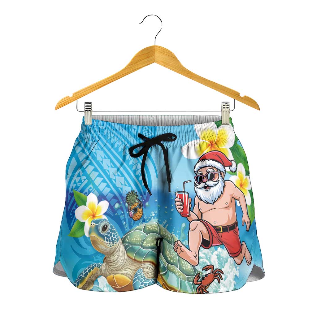 Polynesian Merry Christmas Shorts for Women Funny Santa with Sea Turtle on Beach and Plumeria LT03 - Polynesian Pride