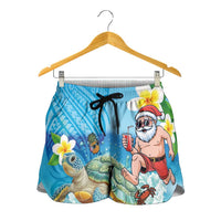 Polynesian Merry Christmas Shorts for Women Funny Santa with Sea Turtle on Beach and Plumeria LT03 - Polynesian Pride