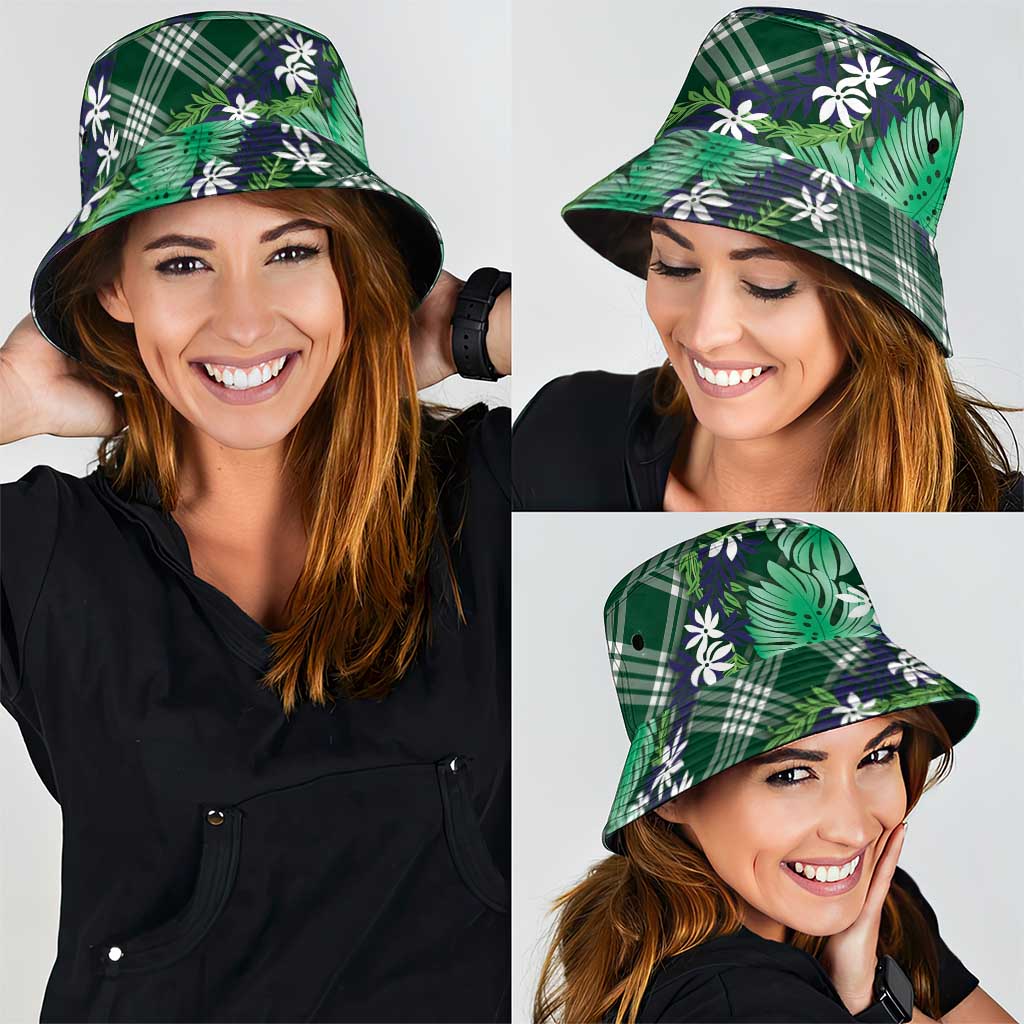 Polynesian Monstera Tiare Floral Bucket Hat Forest Green Tropical Plaid LT01 - Polynesian Pride