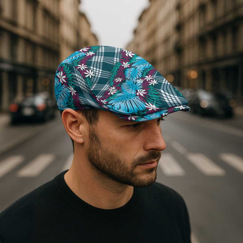 Polynesian Monstera Tiare Floral Jeff Hat Dark Teal Tropical Plaid - Polynesian Pride