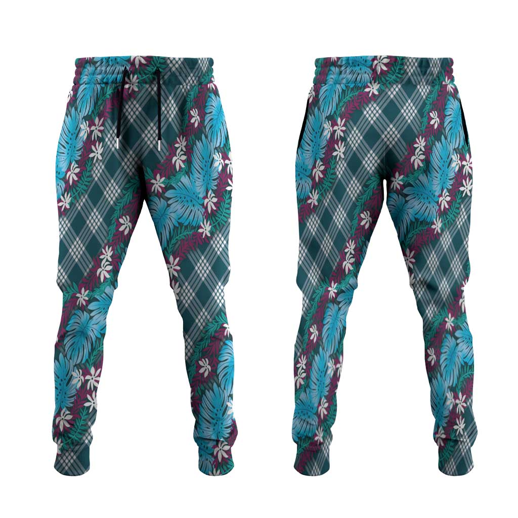 Polynesian Monstera Tiare Floral Jogger Pants Dark Teal Tropical Plaid LT01 Teal - Polynesian Pride