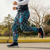 Polynesian Monstera Tiare Floral Jogger Pants Dark Teal Tropical Plaid LT01 - Polynesian Pride