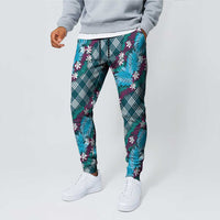 Polynesian Monstera Tiare Floral Jogger Pants Dark Teal Tropical Plaid LT01 - Polynesian Pride