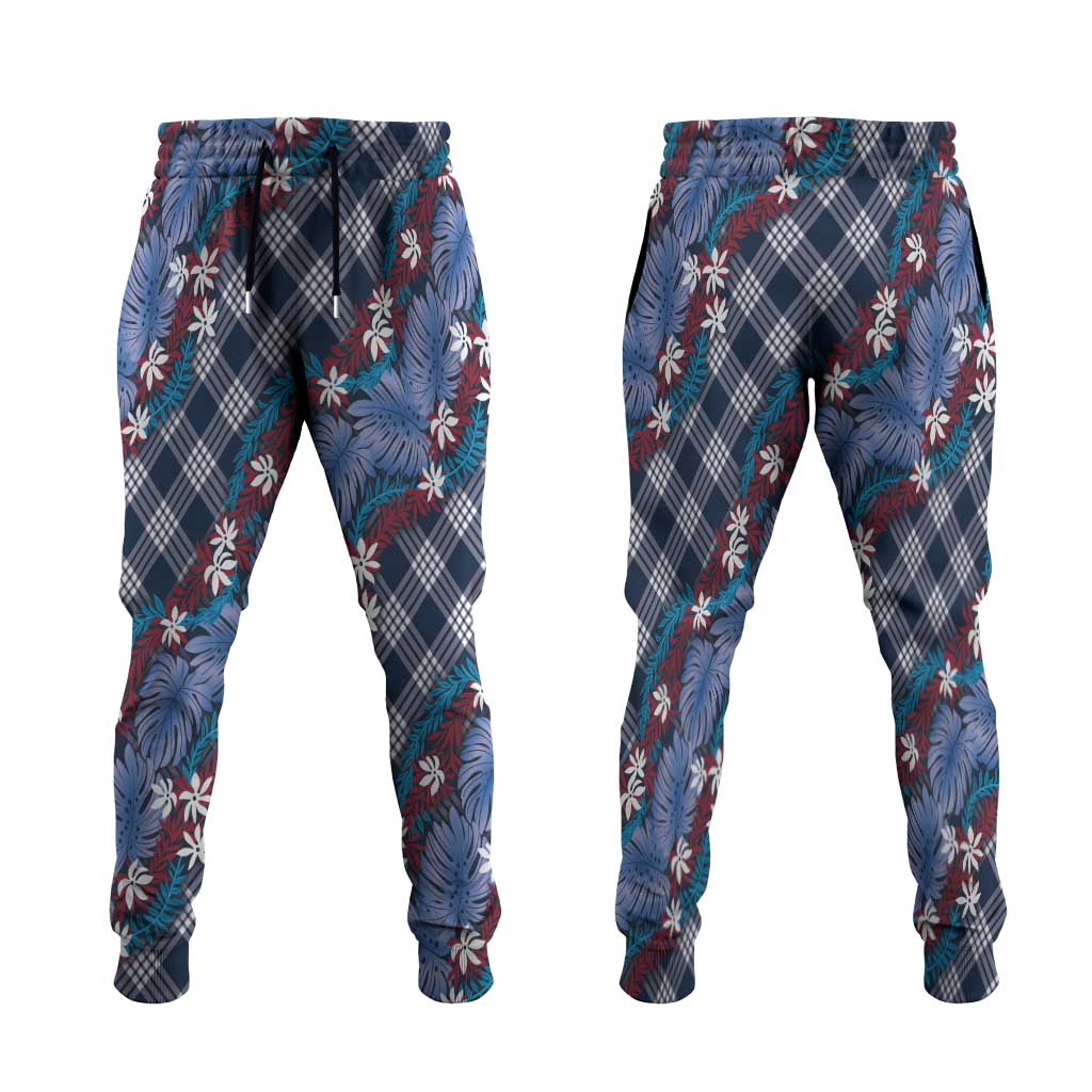 Polynesian Monstera Tiare Floral Jogger Pants Royal Blue Tropical Plaid LT01 Blue - Polynesian Pride
