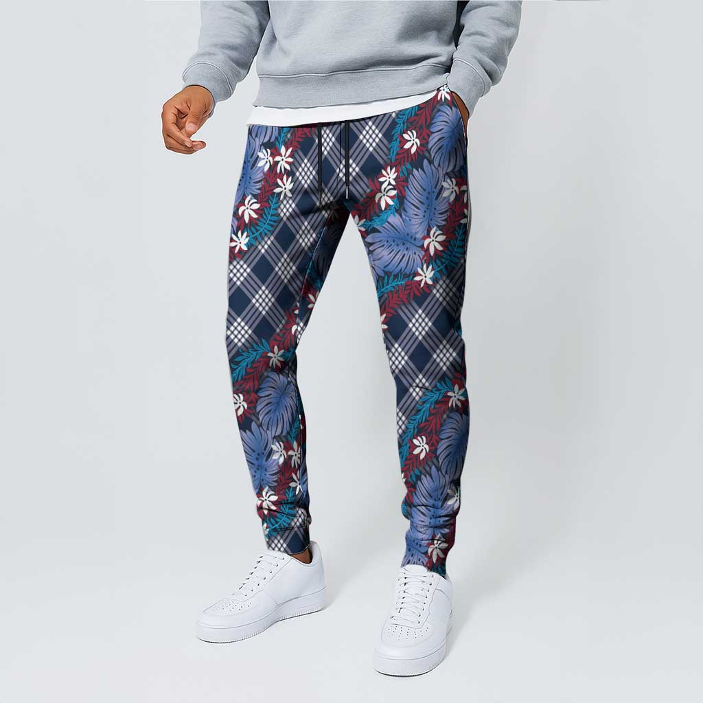 Polynesian Monstera Tiare Floral Jogger Pants Royal Blue Tropical Plaid LT01 - Polynesian Pride