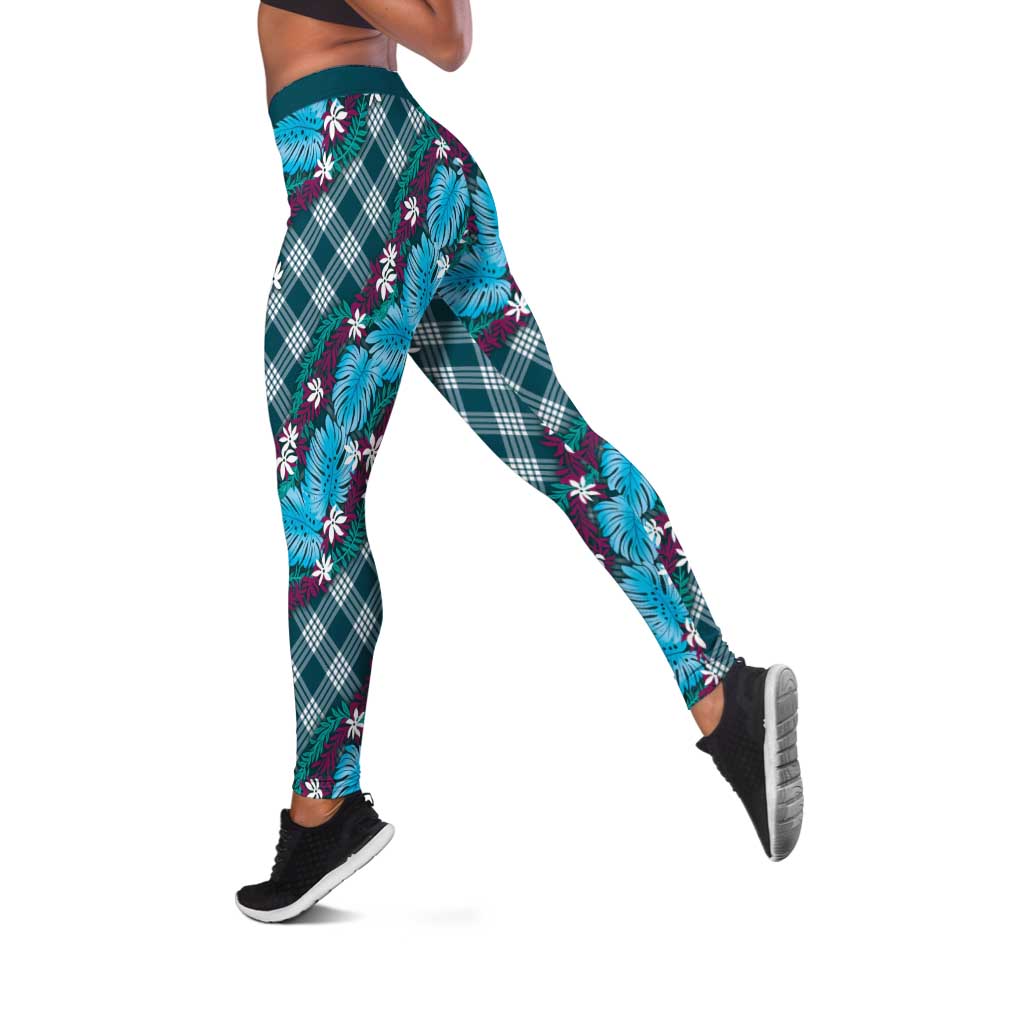 Polynesian Monstera Tiare Floral Leggings Dark Teal Tropical Plaid - Polynesian Pride