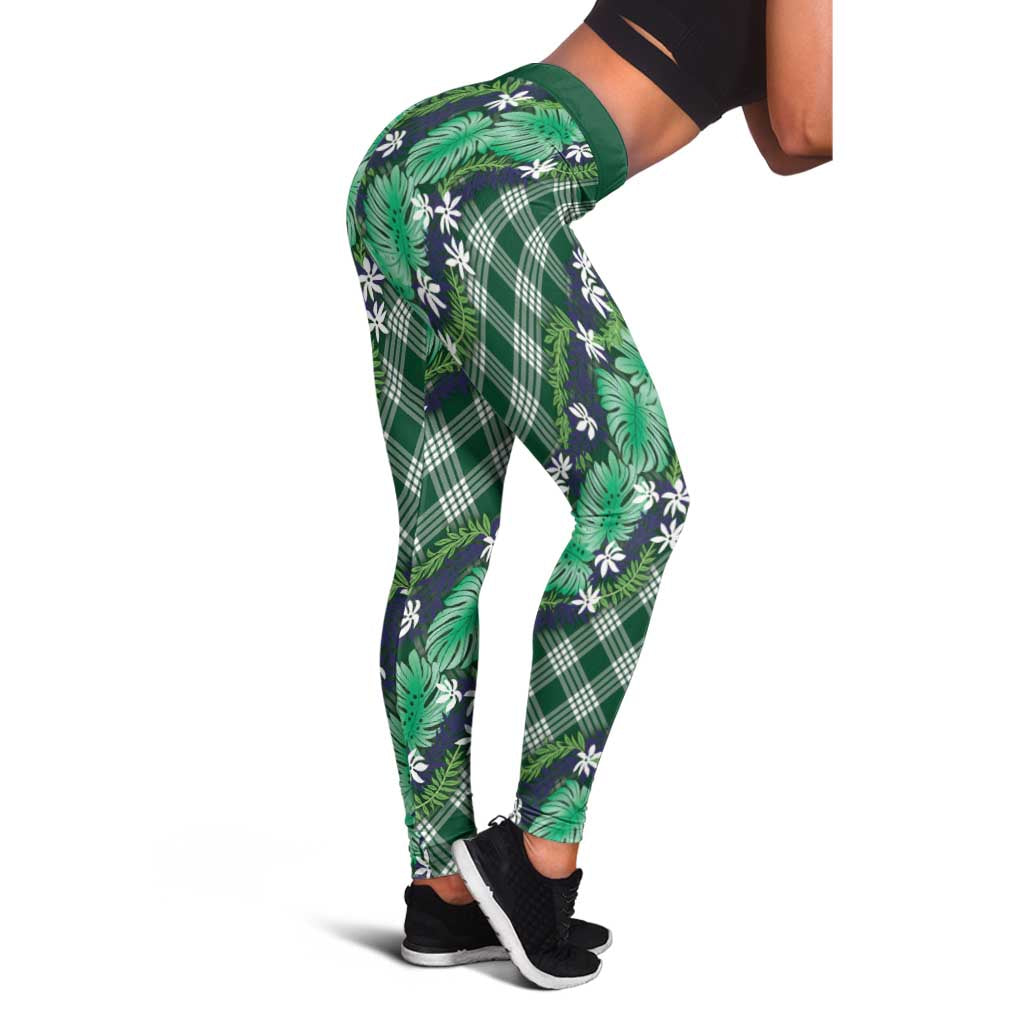 Polynesian Monstera Tiare Floral Leggings Forest Green Tropical Plaid LT01 - Polynesian Pride