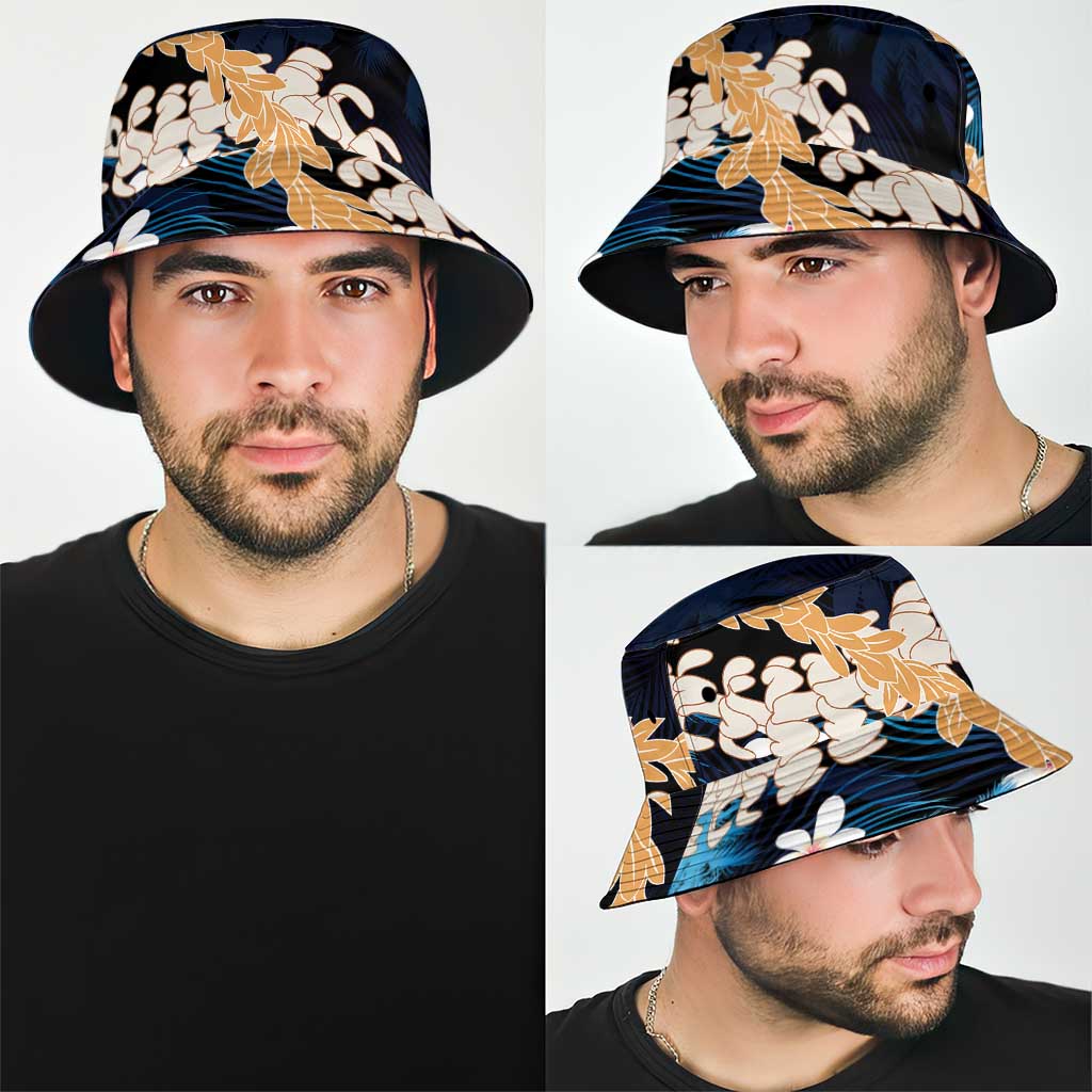 Puakenikeni Maile Lei Bucket Hat Frangipani Blue Tropical Leaves