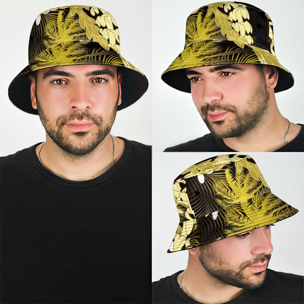Puakenikeni Maile Lei Bucket Hat Frangipani Yellow Tropical Leaves