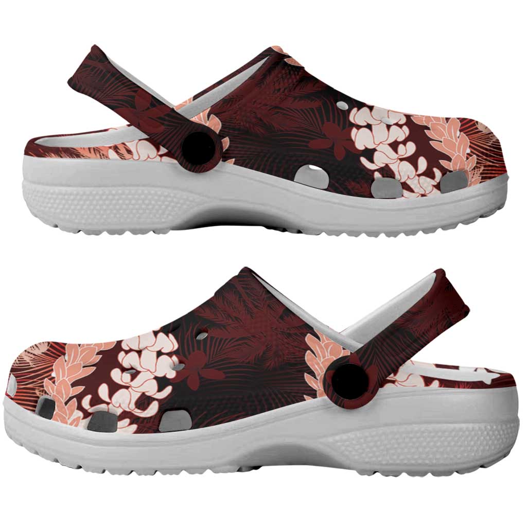 Puakenikeni Maile Lei Clogs Shoes Frangipani Red Tropical Leaves
