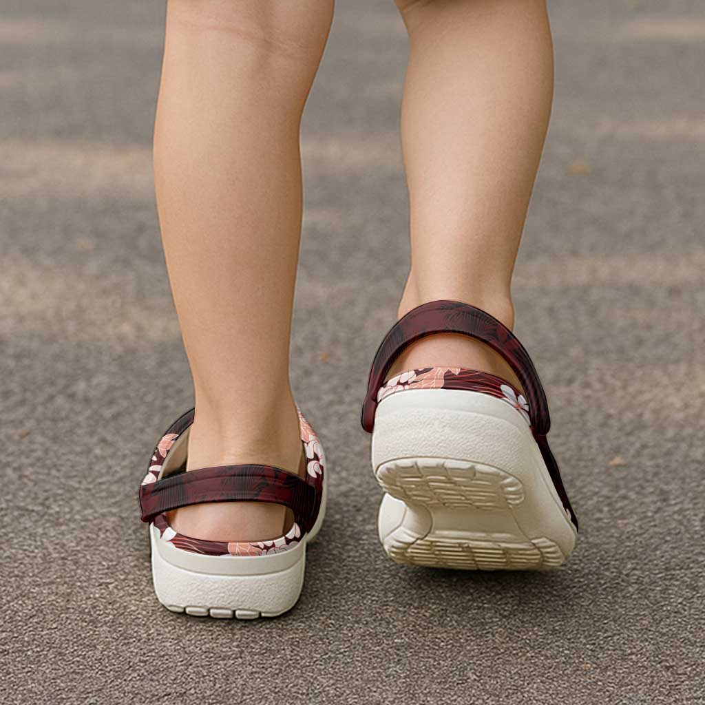 Puakenikeni Maile Lei Clogs Shoes Frangipani Red Tropical Leaves